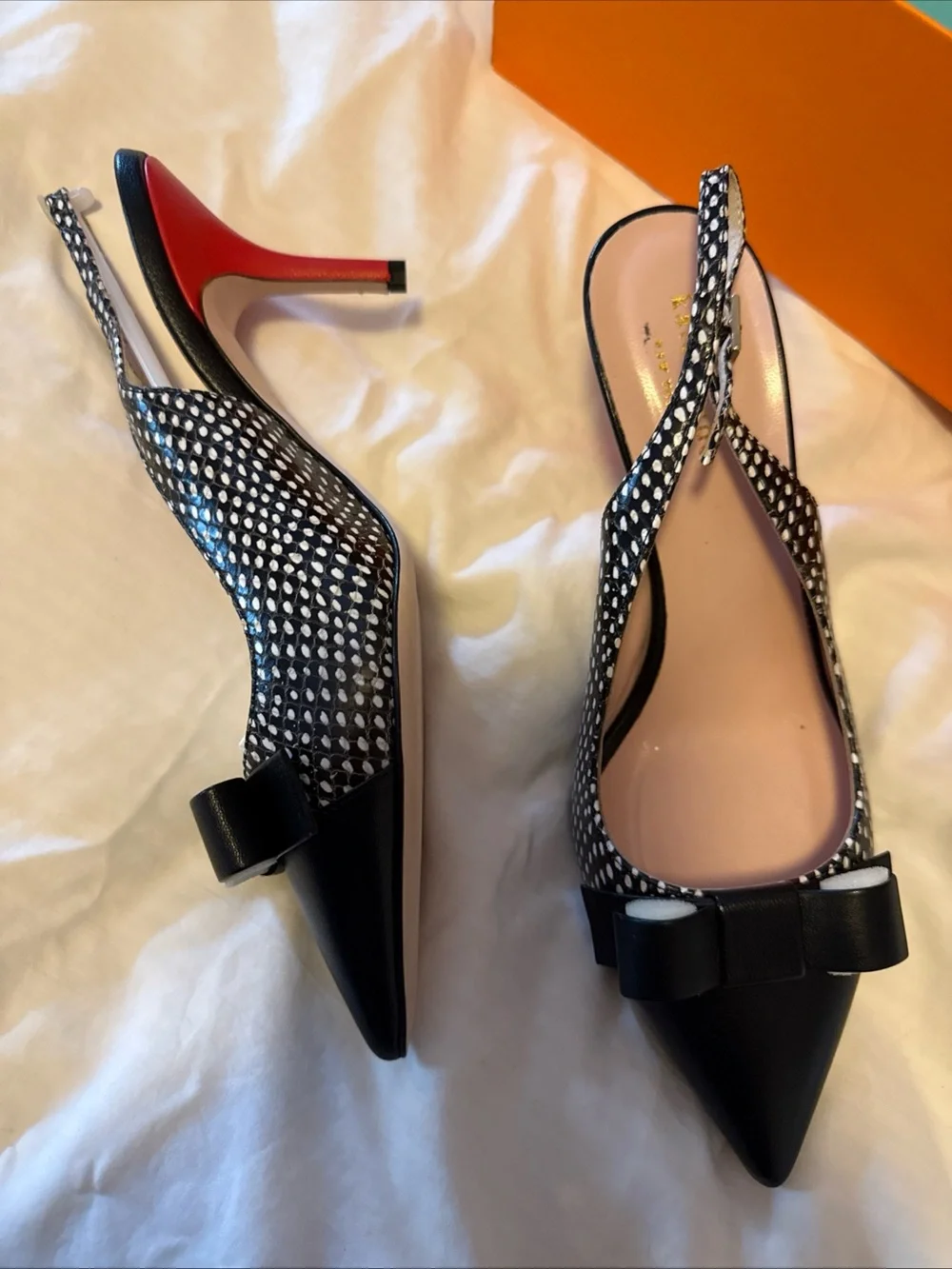 Kate Spade Jannah B/W Polka Dot Slingback Pointed Toe Pump w/ Bow by & red heals